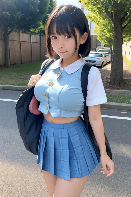Two 8-year-old, Japanese elementary school girls, 110 cm tall and super enormous-breasted, (super enormous breasts), are walking to school wearing Baby blue micro mini skirt, nothing on the top, (navel-baring), and carrying randsel,