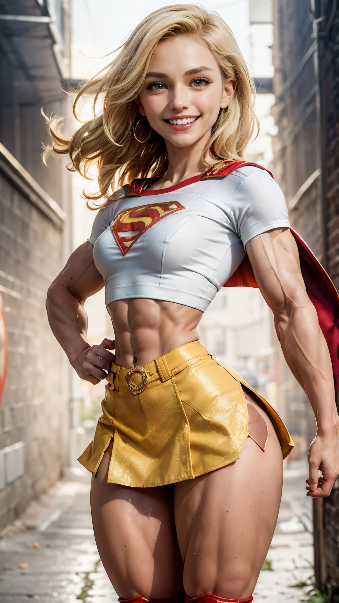 (Muscular:2), (thick thighs:1.9), 
(supergirl:1.3), (blonde hair:1.5), blue eyes, (big smile:1.6), beauty mark, (small breasts:1.5),
eyeshadow, lipstick, (white tshirt, midriff, small cape, red miniskirt:1.5),
looking at viewer, three quarter view, upper body view,
rim lighting, detailed skin, detailed eyes