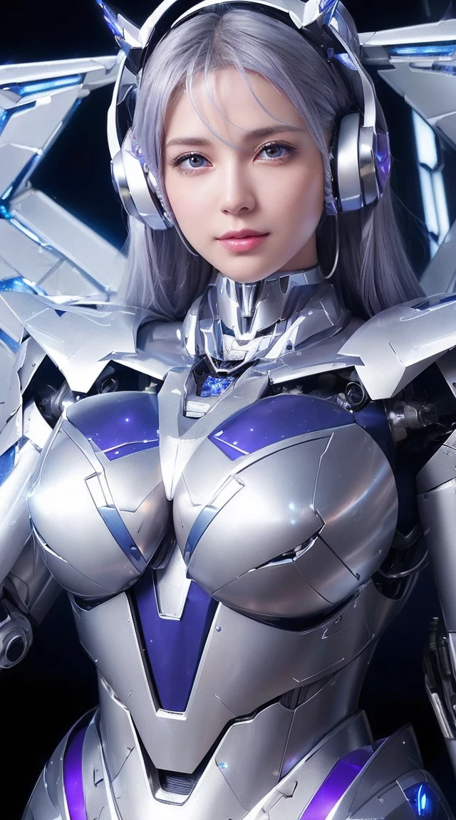 ((Extreme close up:1.6))、(((Lenses shining on both breasts:1.3)))、((Blue pillars of light radiate from both of his chests..:1.3))、break、(((Dynamic pose:1.8)))、smile、((8K)), ((32k)), ((Highest quality)), ((masterpiece)), ((超A high resolution)), ((Tmasterpiece)), ((Halation:1.4))、((Mechaニカルheadgear:1.2))、((Cyber headphones:1.3))Fine skin, High quality fabric, High-quality metal texture、((Beautiful and dense face))、RAW Photos、Professional, Ultra-fine painting, ((alone)), Beautiful breasts、Highest quality, Very detailed, Very detailed詳細, Finer details, so beautiful, ((Princess Knight Robot:1.2)),  (Joint of the machine, Mechanical Limbs:1.3), (The internal structure of the machine is exposed:1.3), (Long silver hair:1.1), (Beautiful and huge mechanical breasts)、White Veil, cowboy_shot, Side Focus, headgear, Shiny、(Five Fingers, Four fingers and thumb),Concept Art, Anime fantasy artwork, Detailed fantasy art, (with pale blue-violet hair and large white wings,,,,,,,,), (((Long silver hair))), (Mecha:1.6)、Sleek and intimidating design, ((Commander-in-Chief&#39;arm)), (Perfect robot body)、純白と青紫のarmまたは, Symmetrical wings, 8K High Resolution, Detailed Art, 3D rendering of character art in 8K, neat legs, Defined, Defined fingers,((headshot:1.3))