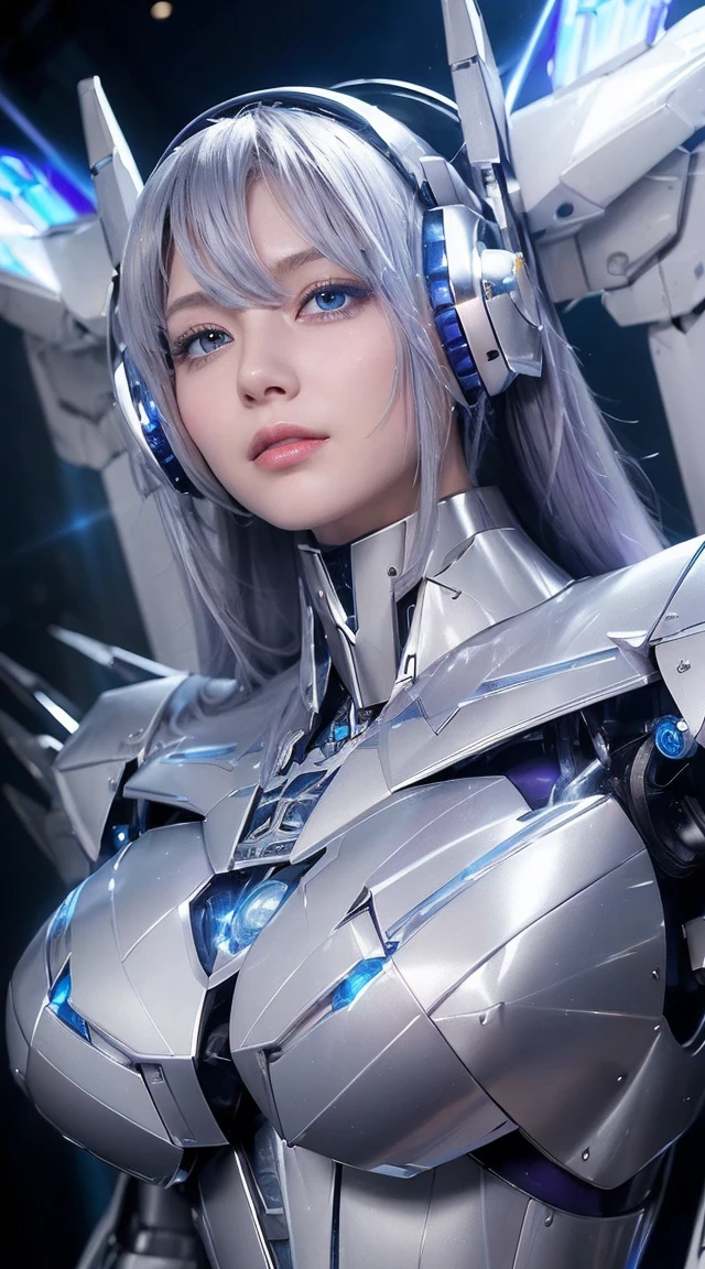 ((Extreme close up:1.6))、(((Lenses shining on both breasts:1.3)))、((Blue pillars of light radiate from both of his chests..:1.3))、break、(((Dynamic pose:1.8)))、smile、((8K)), ((32k)), ((Highest quality)), ((masterpiece)), ((超A high resolution)), ((Tmasterpiece)), ((Halation:1.4))、((Mechaニカルheadgear:1.2))、((Cyber headphones:1.3))Fine skin, High quality fabric, High-quality metal texture、((Beautiful and dense face))、RAW Photos、Professional, Ultra-fine painting, ((alone)), Beautiful breasts、Highest quality, Very detailed, Very detailed詳細, Finer details, so beautiful, ((Princess Knight Robot:1.2)), (Joint of the machine, Mechanical Limbs:1.3), (The internal structure of the machine is exposed:1.3), (Long silver hair:1.1), (Beautiful and huge mechanical breasts)、White Veil, cowboy_shot, Side Focus, headgear, Shiny、(Five Fingers, Four fingers and thumb),Concept Art, Anime fantasy artwork, Detailed fantasy art, (with pale blue-violet hair and large white wings,,,,,,,,), (((Long silver hair))), (Mecha:1.6)、Sleek and intimidating design, ((Commander-in-Chief'arm)), (Perfect robot body)、純白と青紫のarmまたは, Symmetrical wings, 8K High Resolution, Detailed Art, 3D rendering of character art in 8K, neat legs, Defined, Defined fingers,((headshot:1.3))