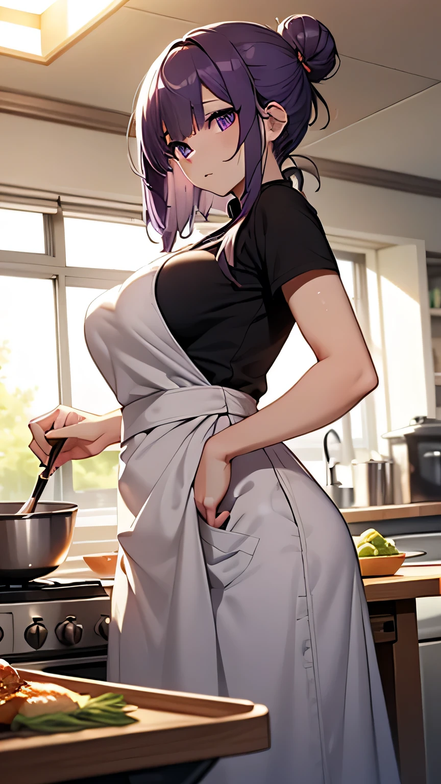 Very detailed CG Unity 8K wallpaper),(masterpiece), (Highest quality), (Very detailed), (Best illustrations),(Best Shadow), Dynamism,,Purple eyes and purple very short hair,Large Breasts　Beautiful Eyes　Nude《Wearing only an apron》　Cooking in the kitchen　Angle from below