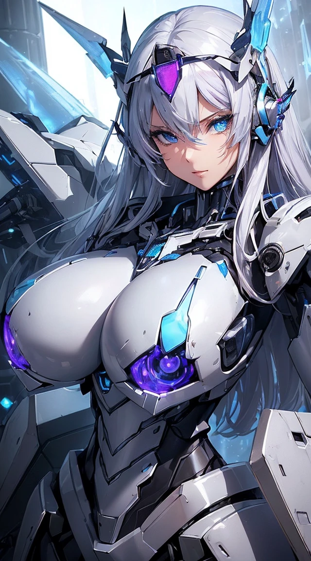 ((Extreme close up:1.6))、(((Lenses shining on both breasts:1.3)))、((Blue pillars of light radiate from both of his chests..:1.3))、break、(((Dynamic pose:1.8)))、smile、((8K)), ((32k)), ((Highest quality)), ((masterpiece)), ((超A high resolution)), ((Tmasterpiece)), ((Halation:1.4))、((Mechaニカルheadgear:1.2))、((Cyber headphones:1.3))Fine skin, High quality fabric, High-quality metal texture、((Beautiful and dense face))、RAW Photos、Professional, Ultra-fine painting, ((alone)), Beautiful breasts、Highest quality, Very detailed, Very detailed詳細, Finer details, so beautiful, ((Princess Knight Robot:1.2)), (Joint of the machine, Mechanical Limbs:1.3), (The internal structure of the machine is exposed:1.3), (Long silver hair:1.1), (Beautiful and huge mechanical breasts)、White Veil, cowboy_shot, Side Focus, headgear, Shiny、(Five Fingers, Four fingers and thumb),Concept Art, Anime fantasy artwork, Detailed fantasy art, (with pale blue-violet hair and large white wings,,,,,,,,), (((Long silver hair))), (Mecha:1.6)、Sleek and intimidating design, ((Commander-in-Chief'arm)), (Perfect robot body)、純白と青紫のarmまたは, Symmetrical wings, 8K High Resolution, Detailed Art, 3D rendering of character art in 8K, neat legs, Defined, Defined fingers,((headshot:1.3))