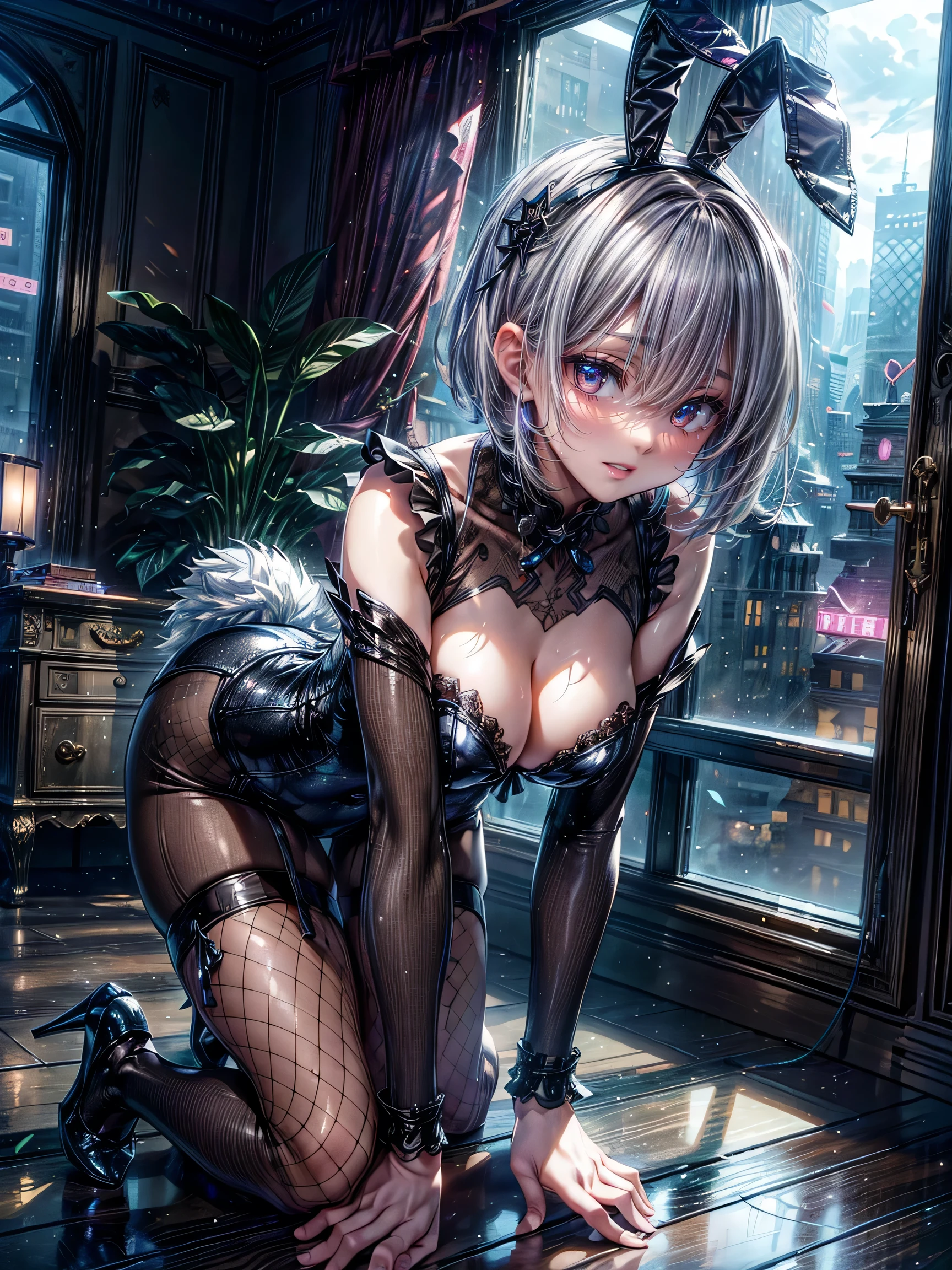 Highest quality、8K、(Bunny girl)、Fishnet tights、High heels、Silver Bunny Suit、View Viewer、Angle from the front、 all fours、Place your elbows on the floor、Attach your cheeks to the floor、smile、Futuristic Living Room、indirect lighting、Room with houseplants、From the window you can see the valley between the city buildings、Night view、Silver short hair、Beautiful eyes、Beautiful Face、Delicate eyes
