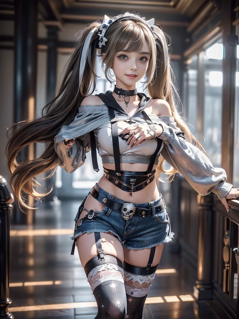 (Full Body View:1.2)、(Beautiful lips and nose:1.4)、(Side view:1.1)、(Smiling with teeth showing:1.3),(Fashion Model:1.5)、(Gothic Lolita delicately decorated battle uniform:1.5)、(White off-shoulder hoodie:1.5)、(Black, silver and white shorts:1.4)、(denim garter belt:1.5)、(Black and denim knee socks:1.3)、(Skull Silver Accessories:1.5)、(Lace collar:1.3)、(Brown Skin Belt:1.4)、(Brown boots:1.2)、(????????? has polka dots:1.4)、23 years old、((Highest quality、In 8K、masterpiece:1.3))、Sharp focus:1.2、(Layered Cut、Huge ?????:1.1),Beautiful woman with perfect figure:1.4、(Dancing vigorously:1.3)、Slender Abs:1.2、Highly detailed face and skin texture、Detailed eyes、double eyelid,(Twin tails:1.3)、(Brown-golden hair:1.3)、Gravure idol、(The background is a luxurious dance hall.:1.3)、(Slim body:1.2),(Make your legs thinner:1.4),(clavicle:1.1)