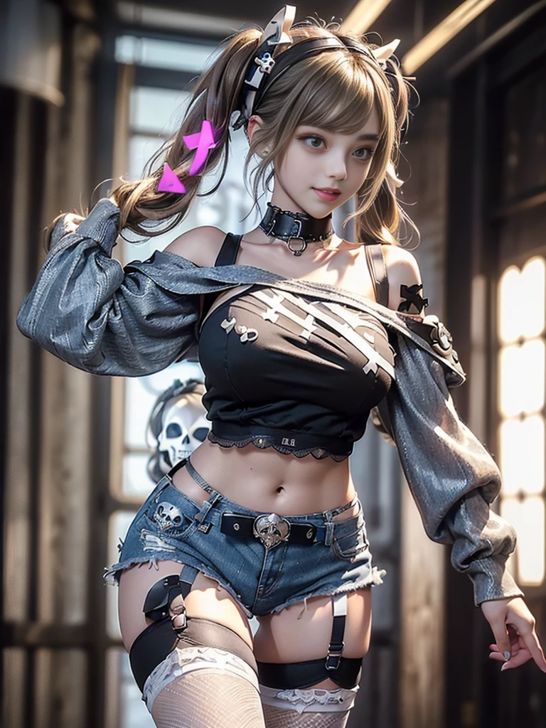(Full Body View:1.3)、(Beautiful lips and nose:1.4)、(Side view:1.1)、(Smiling with teeth showing:1.3),(Fashion Model:1.5)、(Gothic Lolita delicately decorated battle uniform:1.5)、(White off-shoulder hoodie:1.5)、(Denim, silver and white shorts:1.4)、(denim garter belt:1.5)、(Black and denim knee socks:1.3)、(Skull Silver Accessories:1.5)、(Lace collar:1.3)、(Brown Skin Belt:1.4)、(Brown boots:1.2)、(Underwear has polka dots:1.4)、23 years old、((Highest quality、In 8K、masterpiece:1.3))、Sharp focus:1.2、(Layered Cut、Huge boobs:1.1),Beautiful woman with perfect figure:1.4、(Dancing vigorously:1.3)、Slender Abs:1.2、Highly detailed face and skin texture、Detailed eyes、double eyelid,(Twin tails:1.3)、(Brown-golden hair:1.3)、Gravure idol、(The background is a luxurious dance hall.:1.3)、(Slim body:1.2),(Make your legs thinner:1.4),(clavicle:1.1)