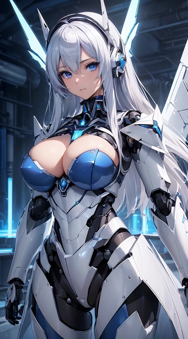 ((Intense action pose:1.6))、((Shining lenses on both breasts:1.3))、((Blue pillars of light are emanating from both chests.:1.3))、smile、((8K)), ((32k)), ((Highest quality)), ((masterpiece)), ((超A high resolution)), ((Tmasterpiece)), ((Halation:1.4))、((Mechaニカルheadgear:1.2))、((Cyber headphones:1.3))、Fine skin, High quality fabric, Fine metal texture、((Beautiful and dense face))、RAW Photos、Professional, Ultra-fine painting, ((alone)), Beautiful breasts、Highest quality, Very detailed, Very detailed詳細, Finer details, so beautiful, ((Princess Knight Robot:1.2)),  (Joints of machines, Mechanical Limbs:1.3), (The internal structure of the machine is :1.3), (Long silver hair:1.1), (Beautiful and huge mechanical breasts)、White Veil, cowboy_shot, Side Focus, headgear, Shiny、(Five Fingers, Four fingers and thumb),Concept Art, Anime fantasy artwork, Detailed fantasy art, (with pale blue-violet hair and large white wings,,,,,,,), (((Long silver hair))), (Mecha:1.6)、Sleek and intimidating design, ((Commander-in-Chief'arm)), (Perfect robot body)、純白と青紫armまたは, Symmetrical wings, 8K high quality, detailed art, 3D rendering of character art in 8K, neat legs, Defined, Defined fingers,