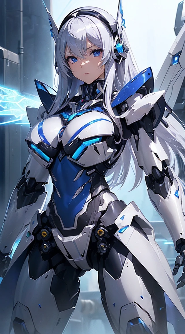 ((Intense action pose:1.6))、((Shining lenses on both breasts:1.3))、((Blue pillars of light are emanating from both chests.:1.3))、smile、((8K)), ((32k)), ((Highest quality)), ((masterpiece)), ((超A high resolution)), ((Tmasterpiece)), ((Halation:1.4))、((Mechaニカルheadgear:1.2))、((Cyber headphones:1.3))、Fine skin, High quality fabric, Fine metal texture、((Beautiful and dense face))、RAW Photos、Professional, Ultra-fine painting, ((alone)), Beautiful breasts、Highest quality, Very detailed, Very detailed詳細, Finer details, so beautiful, ((Princess Knight Robot:1.2)), (Joints of machines, Mechanical Limbs:1.3), (The internal structure of the machine is exposed:1.3), (Long silver hair:1.1), (Beautiful and huge mechanical breasts)、White Veil, cowboy_shot, Side Focus, headgear, Shiny、(Five Fingers, Four fingers and thumb),Concept Art, Anime fantasy artwork, Detailed fantasy art, (with pale blue-violet hair and large white wings,,,,,,,), (((Long silver hair))), (Mecha:1.6)、Sleek and intimidating design, ((Commander-in-Chief'arm)), (Perfect robot body)、純白と青紫armまたは, Symmetrical wings, 8K high quality, detailed art, 3D rendering of character art in 8K, neat legs, Defined, Defined fingers,