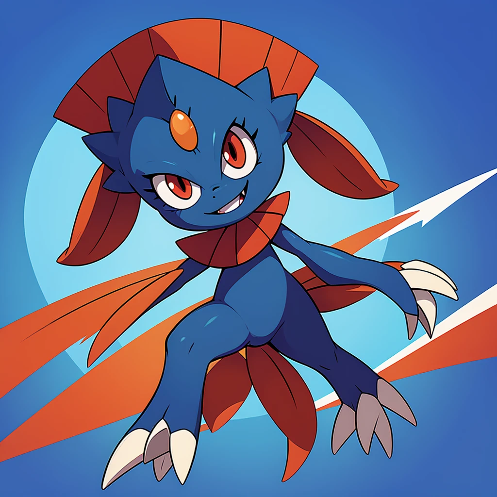 (masterpiece, best quality:1.2),solo,Weavile \(pokemon\),pokemon \(creature\),full body,no humans,bluish fur, orange gem, red eyes, smile,looking at viewer