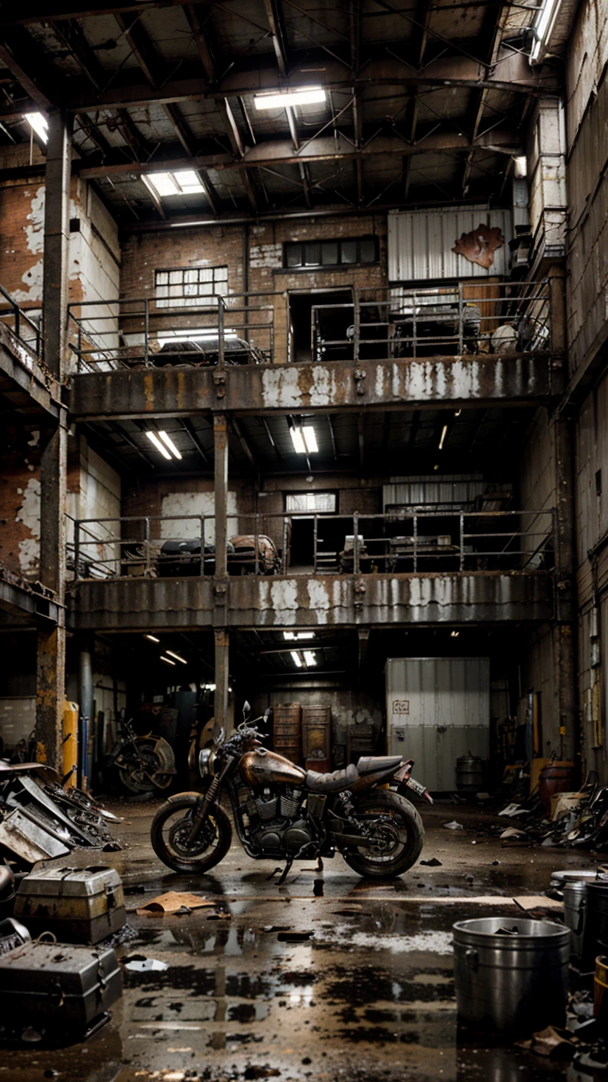 a grunge workshop, customized motorcycle, rusted metal, grime, oil stains, weathered textures, industrial setting, workshop tools, dirty environment, abandoned warehouse, dramatic lighting, high contrast, moody atmosphere, vibrant colors, gritty realism, hyper detailed