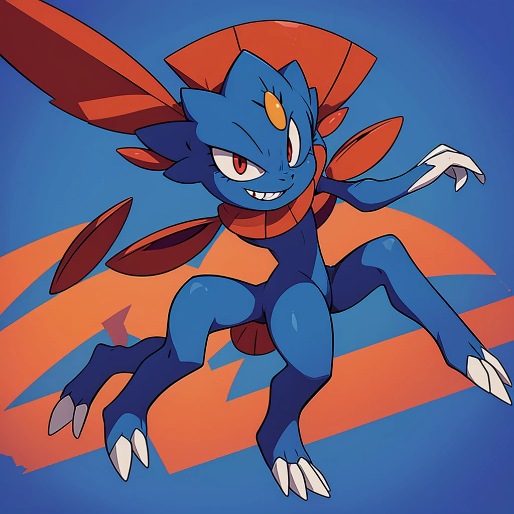 (masterpiece, best quality:1.2),solo,Weavile \(pokemon\),pokemon \(creature\),full body,no humans,bluish fur, orange gem, red eyes, smile,looking at viewer