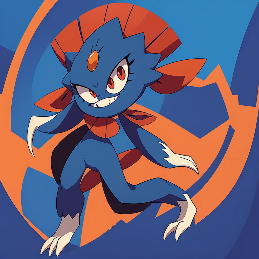 (masterpiece, best quality:1.2),solo,Weavile \(pokemon\),pokemon \(creature\),full body,no humans,bluish fur, orange gem, red eyes, smile,looking at viewer