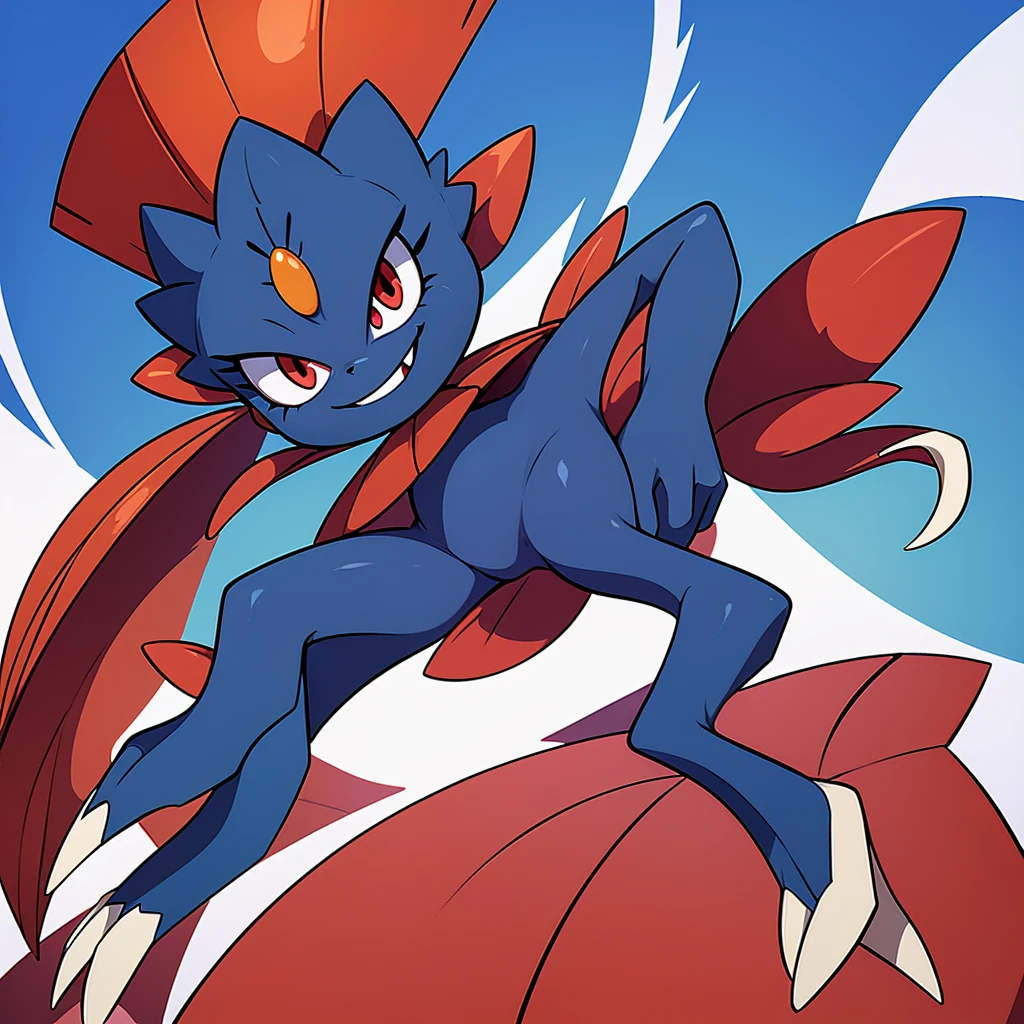 (masterpiece, best quality:1.2),solo,Weavile \(pokemon\),pokemon \(creature\),full body,no humans,bluish fur, orange gem, red eyes, smile,looking at viewer