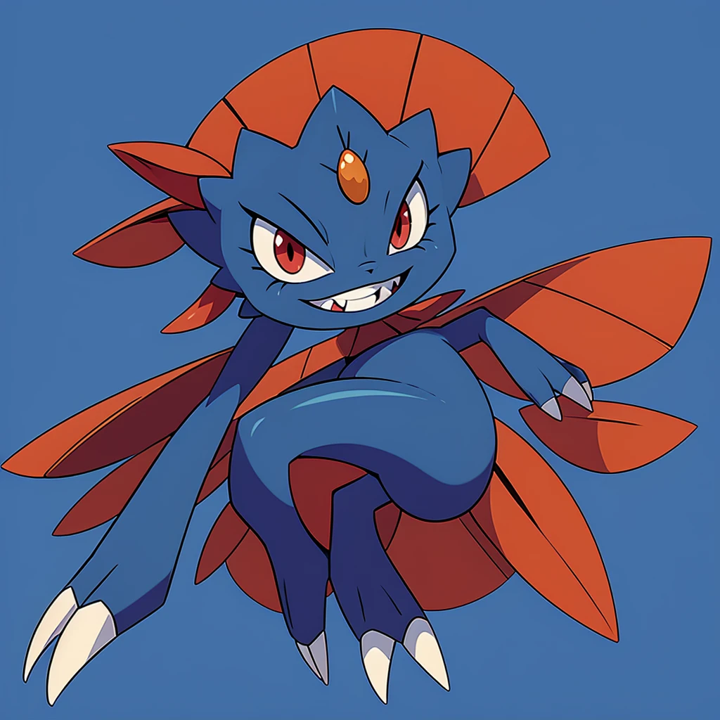 (masterpiece, best quality:1.2),solo,Weavile \(pokemon\),pokemon \(creature\),full body,no humans,bluish fur, orange gem, red eyes, smile,looking at viewer