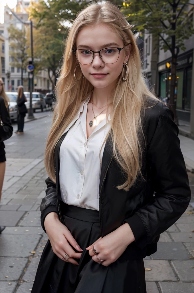 A 19-year-old blonde woman, ((hyperrealism),. blonde hair, long hair, beautiful, cute face, shy smile, earrings, rings, necklace, glasses, on the street of city, elegant black classic jacket, black skirt, white formal shirt under black jacket, big natural