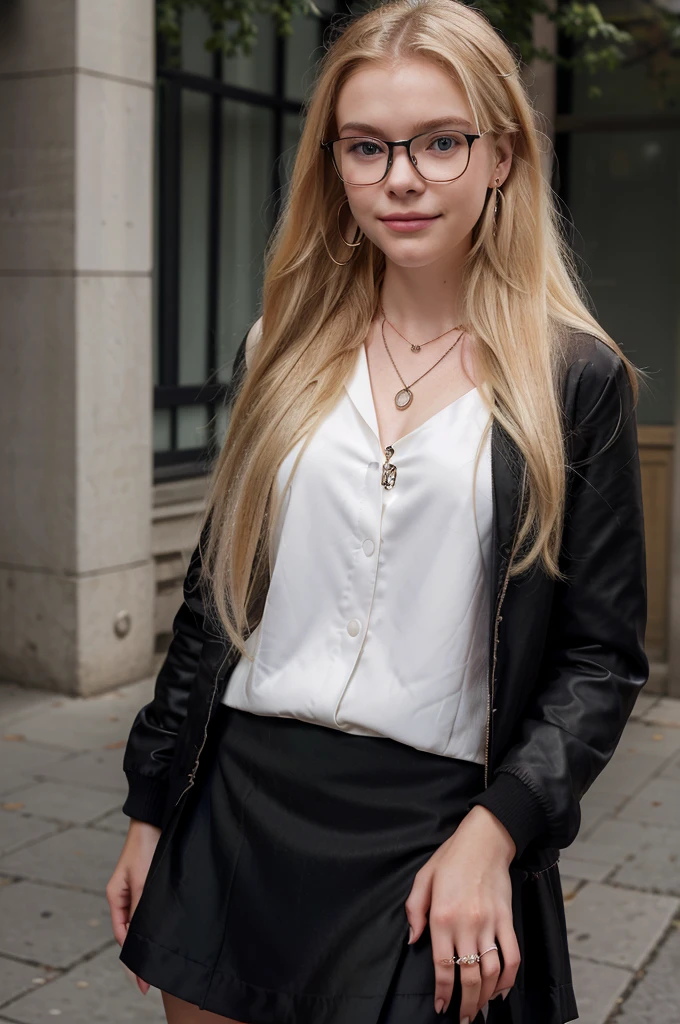 A 19-year-old blonde woman, ((hyperrealism),. blonde hair, long hair, beautiful, cute face, shy smile, earrings, rings, necklace, glasses, on the street of city, elegant black classic jacket, black skirt, white formal shirt under black jacket, big natural, elle fanning