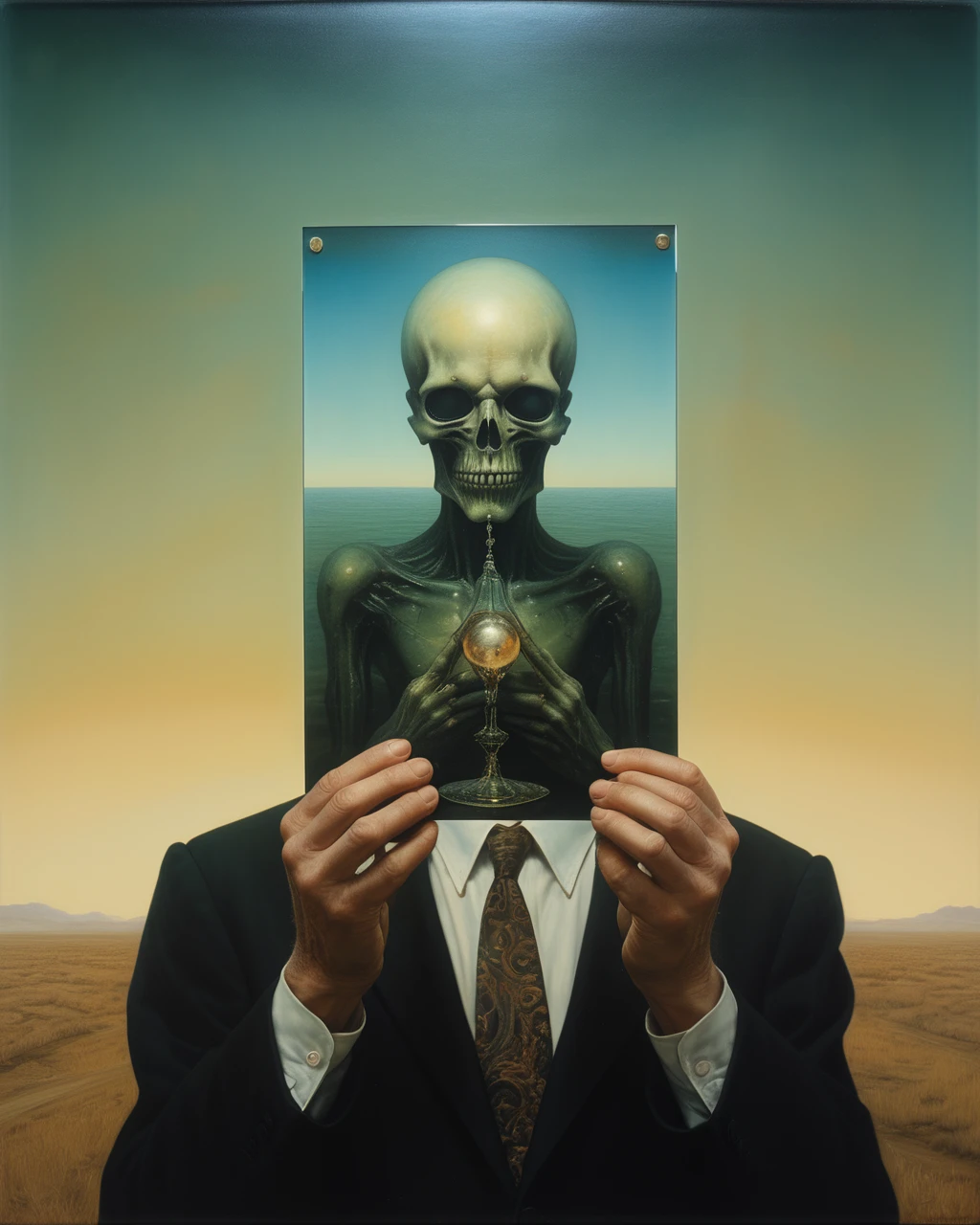 oil painting of a being holding a 2d tarot card from the future by giger beksinski by William Eggleston reflections in chrome and glass, NO MAN IN THE IMAGE