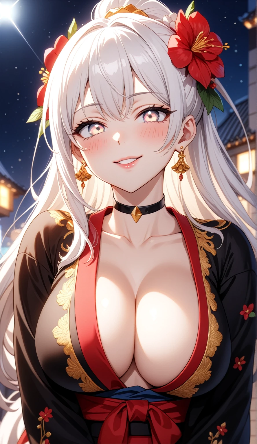 ((One personの女性)), Beautiful Face, (seductive smile),((Wink:2.0)),Laugh with your mouth wide open((Bright red cheeks:1.4)),Shiny red lips,night,rooftop,Festive decorations,You can see the ocean, Starry Sky,Laughing with your mouth open,Glossy pink lips,Facial lighting,((Anime style background)),masterpiece, Highest quality, so beautiful,up to date, Complex details, (Pink long nails),(ring),(bracelet),(choker),AI-generated, Complex,High resolution, Highest quality, super high quality,3D Images、3D Images,One person,Long white hair,High Ponytail,(Pale eyes),Anime woman posing for a photo, ((Fine grain、Silvery white colorful eyes、Shining Eyes:1.4)),(Squint your eyes:1.1),a hyperRealistic , hyperRealistic , Realistic,Anime woman with long white hair, Smooth anime CG art, A woman in a colorful kimono with gold embroidery, (Black long sleeve kimono),Red floral pattern,Long flower hair ornament,big floral earrings,Mature Body,(Big Breasts:1.1),expensive,Abdominal muscles,Tight waist,(Zoom up to face:1.7),Shooting from diagonally below