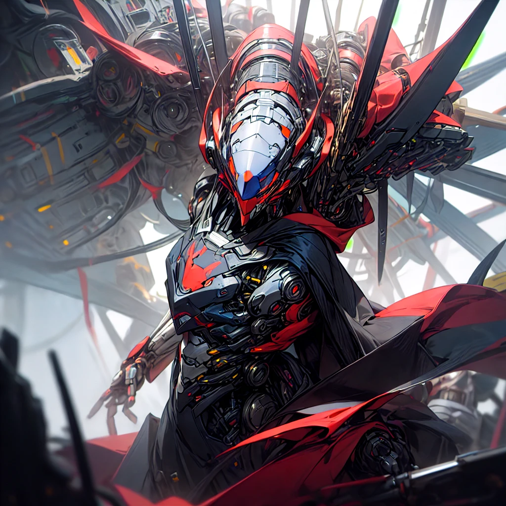 Male Mecha, enigmatic black hooded cybernetic neon helmet, and black mask, enigmatic black hardware and nanotubes on cloak, cybernetic chrome hardware, photo realistic, maximum details, :blank :white studio background --chaos 10 --ar 4:5 --stylize 250 --v 6.0