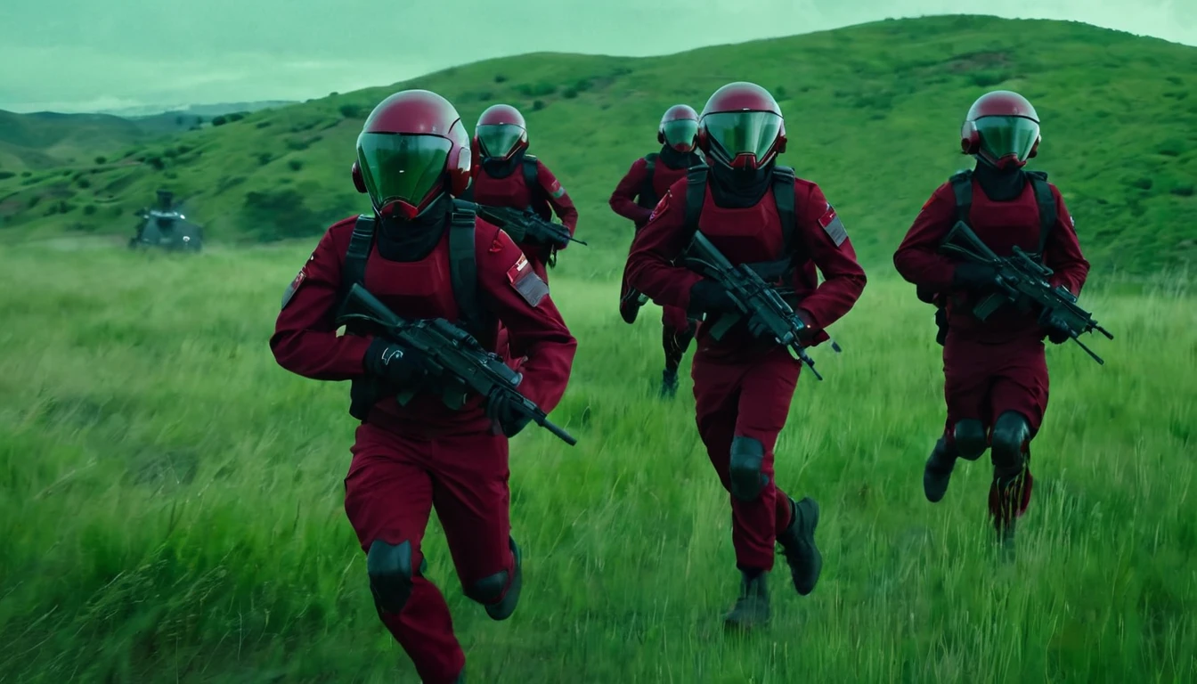 Soldiers in dark red military uniform wearing a futuristic helmet, run through the steppe with some green areas and a little bit of hills and pine trees, dark atmosphere