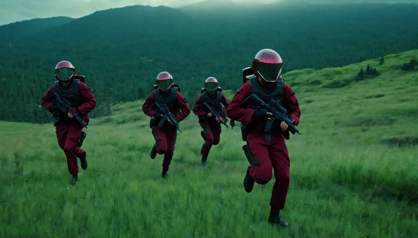 Soldiers in dark red military uniform wearing a futuristic helmet, run through the steppe with some green areas and a little bit of hills and pine trees, dark atmosphere