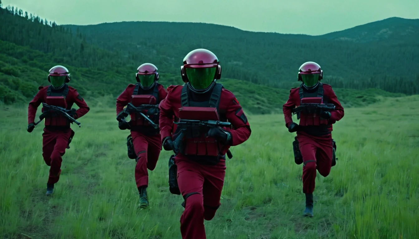 Soldiers in dark red military uniform wearing a futuristic helmet, run through the steppe with some green areas and a little bit of hills and pine trees, dark atmosphere