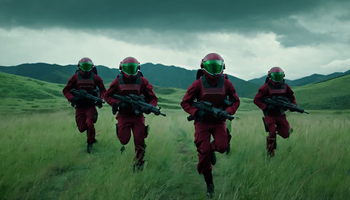 Soldiers in dark red military uniform wearing a futuristic helmet, run through the steppe with some green areas and a little bit of hills and pine trees, dark atmosphere