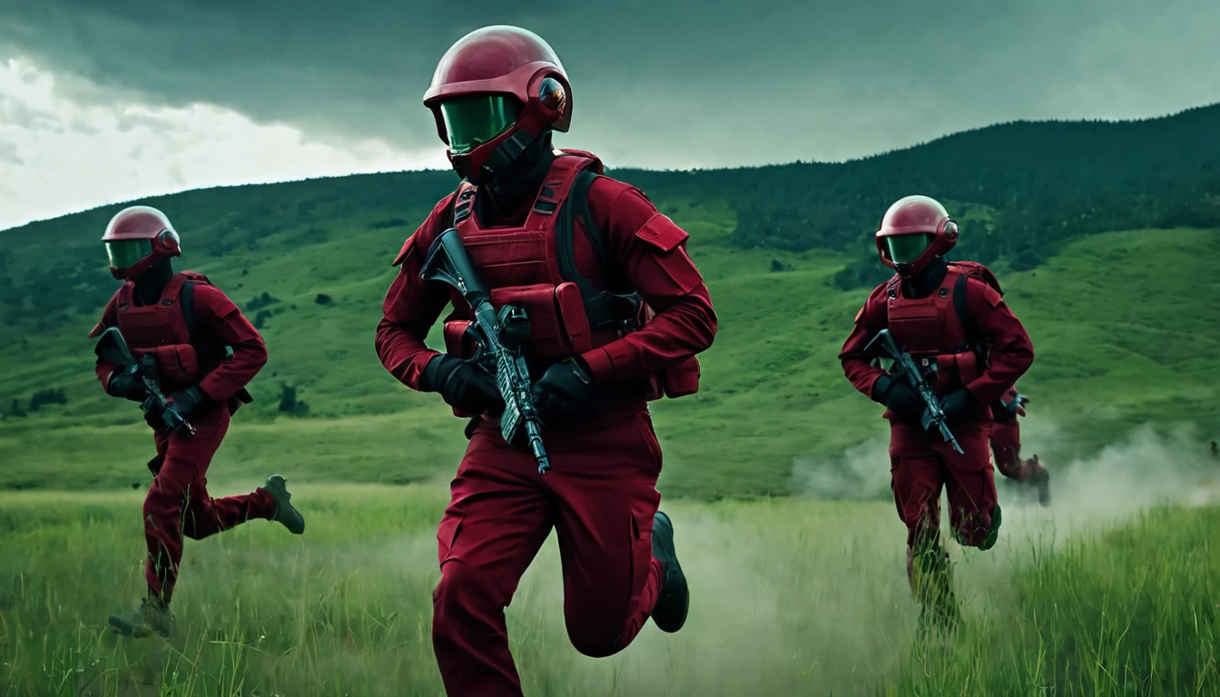 Soldiers in dark red military uniform wearing a futuristic helmet, run through the steppe with some green areas and a little bit of hills and pine trees, dark atmosphere