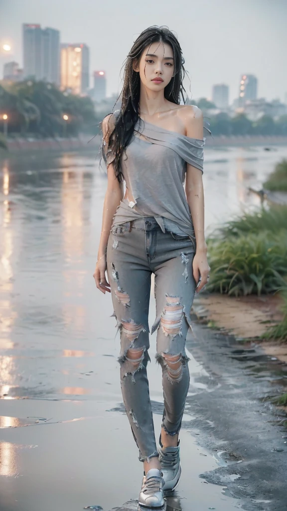 (Extremely detailed CG),(((8K))),wallpaper,((Extremely exquisite and beautiful)),(((masterpiece))),(((Best quality))),(((Ultra-high resolution))),Beautiful light,Realistic shadows,(Smooth and flawless fair skin:1.5),(Extremely delicate facial details:1.2),(Extremely detailed:1.5),((A beautiful girl,Solitary)),(Shoulder length straight bob hair:1.2),(wet hair:1.5),(Small head:1.2),(Thin face:1.2),(Exquisite makeup:1.3),(Happy:1.2),(lol:1.2),(Perfect body:1.1),(wet:1.5),(Sweat:1.3),(shiny skin:1.5),(Short sleeve:1.2),(torn shirt:1.3),(Small Breasts:1.2),(flat chest:1.2),(Umbilical cord:1.3),(Ripped jeans:1.5),(Slender legs:1.2),(sports shoes:1.2),((Slim,Thin)),(From the front:1.3),(permanent:1.3),(Put your hands behind your back:1.2),(On the riverside path:1.5),(Cityscape in the distance:1.3),(outdoor:1.3),(early summer:1.3),(Day scene:1.3),(rain:1.3),(Gray:1.5),(whole body:1.3)