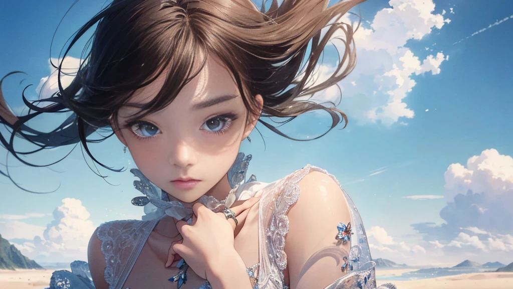 (masterpiece), (high resolution 8K),absurdity, high resolution, (official art, beautiful and aesthetic: 1.2), close view, sparkling sky, vast world,((1 girl)), staring, awe-inspiring expression, distant horizon, clouds, natural beauty, inspiration, light effect, wide shot, from afar,beautiful woman,detailed eyes and face
