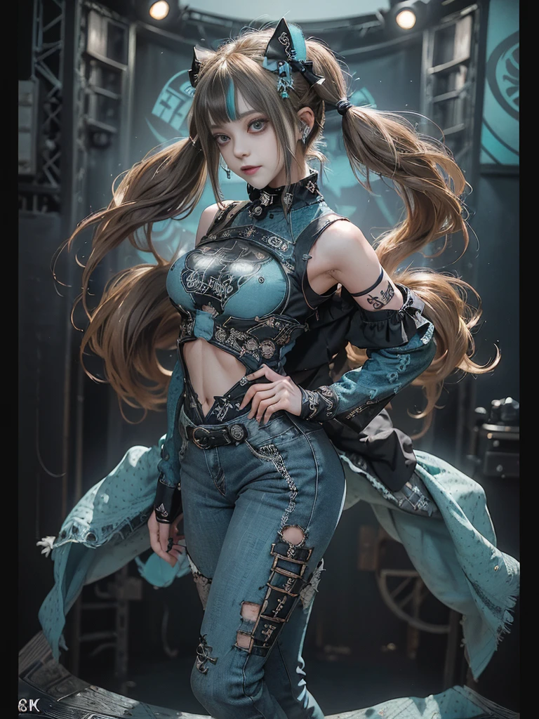 (Full Body View:1.2)、(Full body:1.3)、(Smiling with teeth showing:1.3),(Shibuya Gal:1.5)、(Gothic Lolita style fashion:1.5)、(Punk RockVisual Kei:1.5)、(Wearing a rhythmic gymnastics bodysuit with intricate details:1.4)、(Racing suit and pants with intricate turquoise, denim and charcoal decorations:1.5)、(Denim and light blue and turquoise boots:1.3)、((belt))、(Numerous delicate logo marks all over the costume:1.4)、(collar:1.3)、(Polka dot underwear:1.5)、20-year-old、NSFW、((Highest quality、In 8K、masterpiece:1.3))、Sharp focus:1.2、(Layered Cut、Huge boobs:1.1),Beautiful woman with perfect figure:1.4、(Lying down in a gravure pose:1.3)、Slender Abs:1.2、Highly detailed face and skin texture、Detailed eyes、double eyelid,(Twin tails:1.3)、(Brown-golden hair:1.3)、Gravure idol、(The background is the stage of the fashion show:1.3)、(Slim Body:1.3),(Make your legs thinner:1.4),(clavicle:1.1)