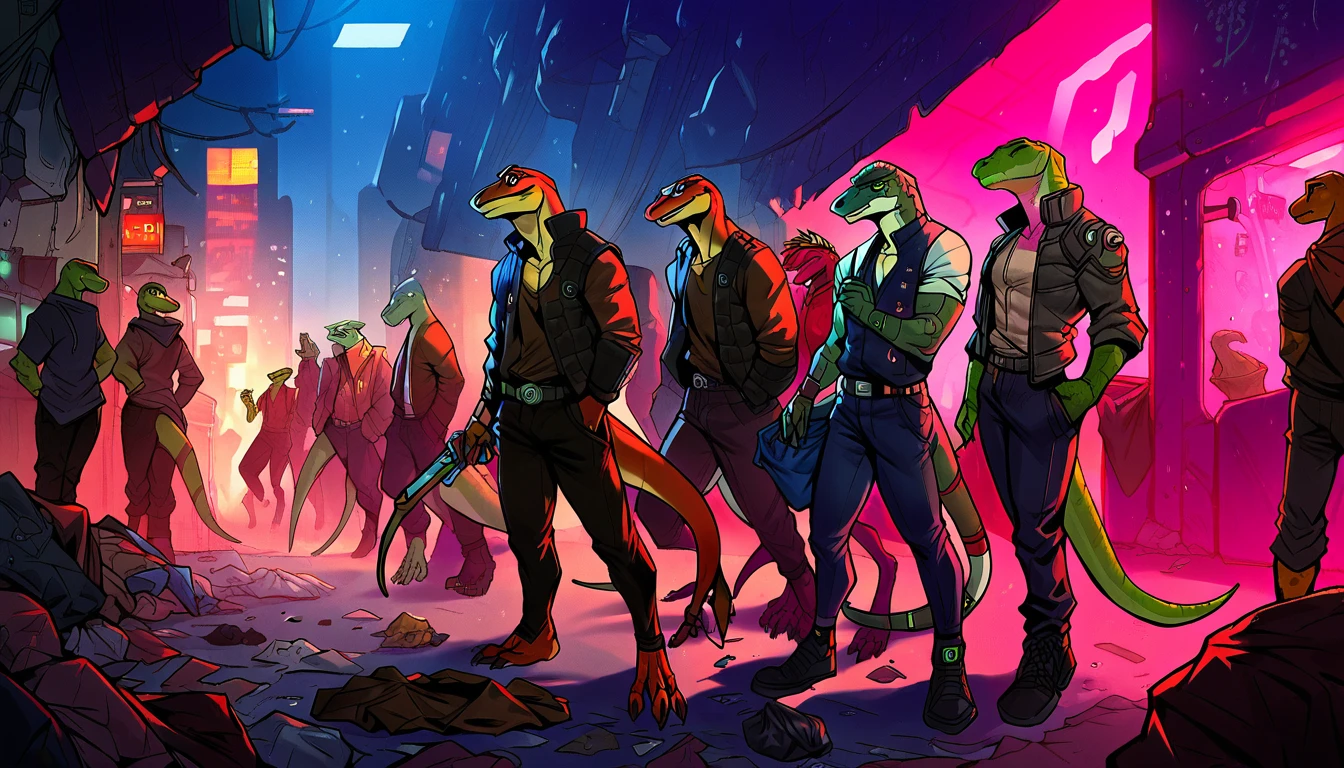 score_9, score_8_up, score_7_up, (cyberpunk, dark night, underground dark room background, trash), 

((lizard:1.2), anthro, male,  many, others, 2others, crowd, gang, (wearing a cyberpunk augmentations, holding weapon [cyber hand, hand blade, cyber claws, eyes implants, red eyes:1.5], ((wearing cyberpunk style clothes, pants, [hood, hoody, shirt, harness, mask:1.5]), lizard skin, lizard scales, beautiful), 