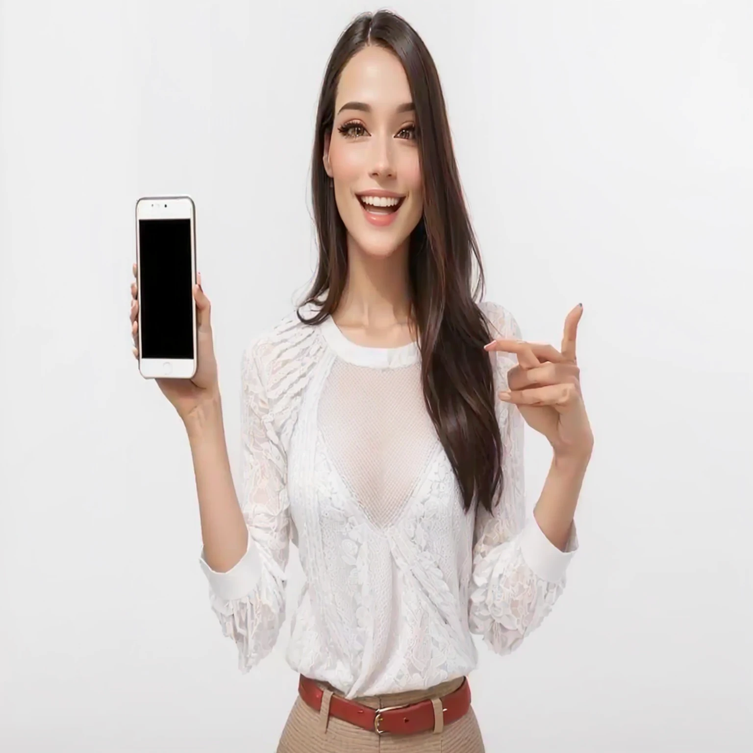 smiling woman in a red blouse holding a smart phone and pointing at it, she is holding a smartphone, holding a very advanced phone, holds a smartphone in one hand, hold up smartphone, phone in hand, he is holding a smartphone, com fundo branco, ad image, Attractive features, good proportions, with accurate features, Attractive woman, unique design, cellular