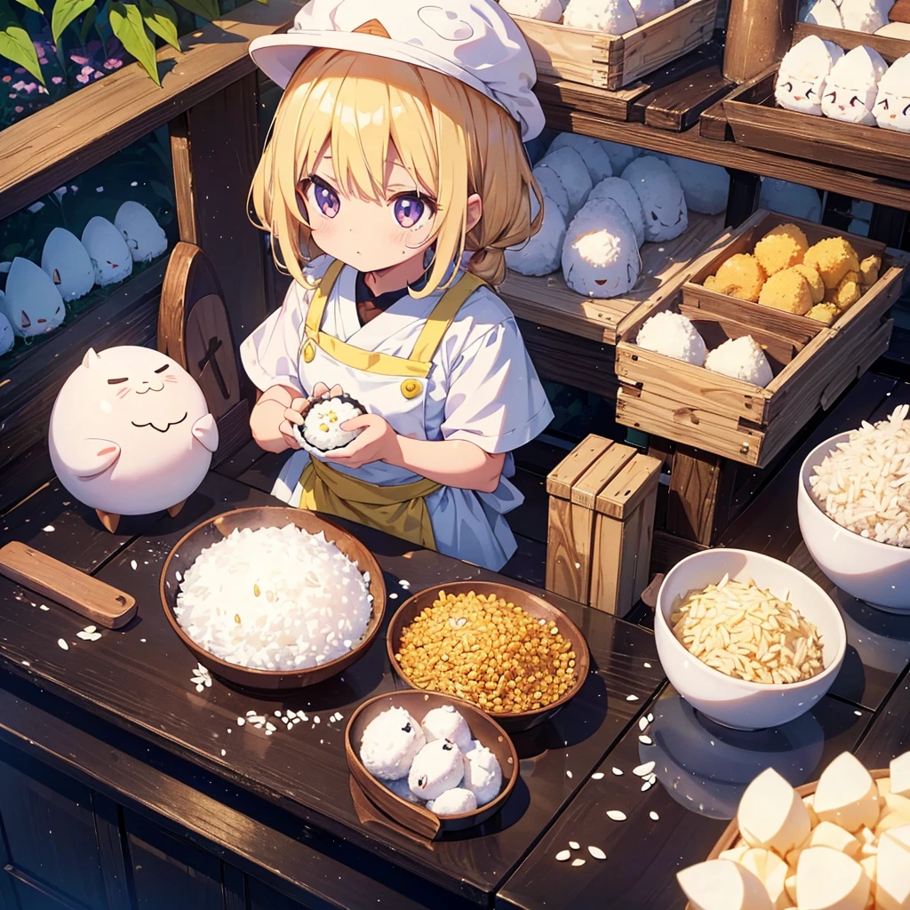 High-definition background, bright and beautiful atmosphere, 3 girls (2 years old, (1 short-tempered round face), (1 child)) (hair, surface effects, color effects), small breasts, blonde hair, very cute kitchen, cooking Onigiri piled up like a mountain in the field, a girl in a kappo uniform holding the rice ball in her hand, grains of rice on her cheeks, many mini pigs eating onigiri, mini pigs sitting on the shoulder of the girl, deltamon_sdXL: 0.73 ) >Deltamon Negative Prompt