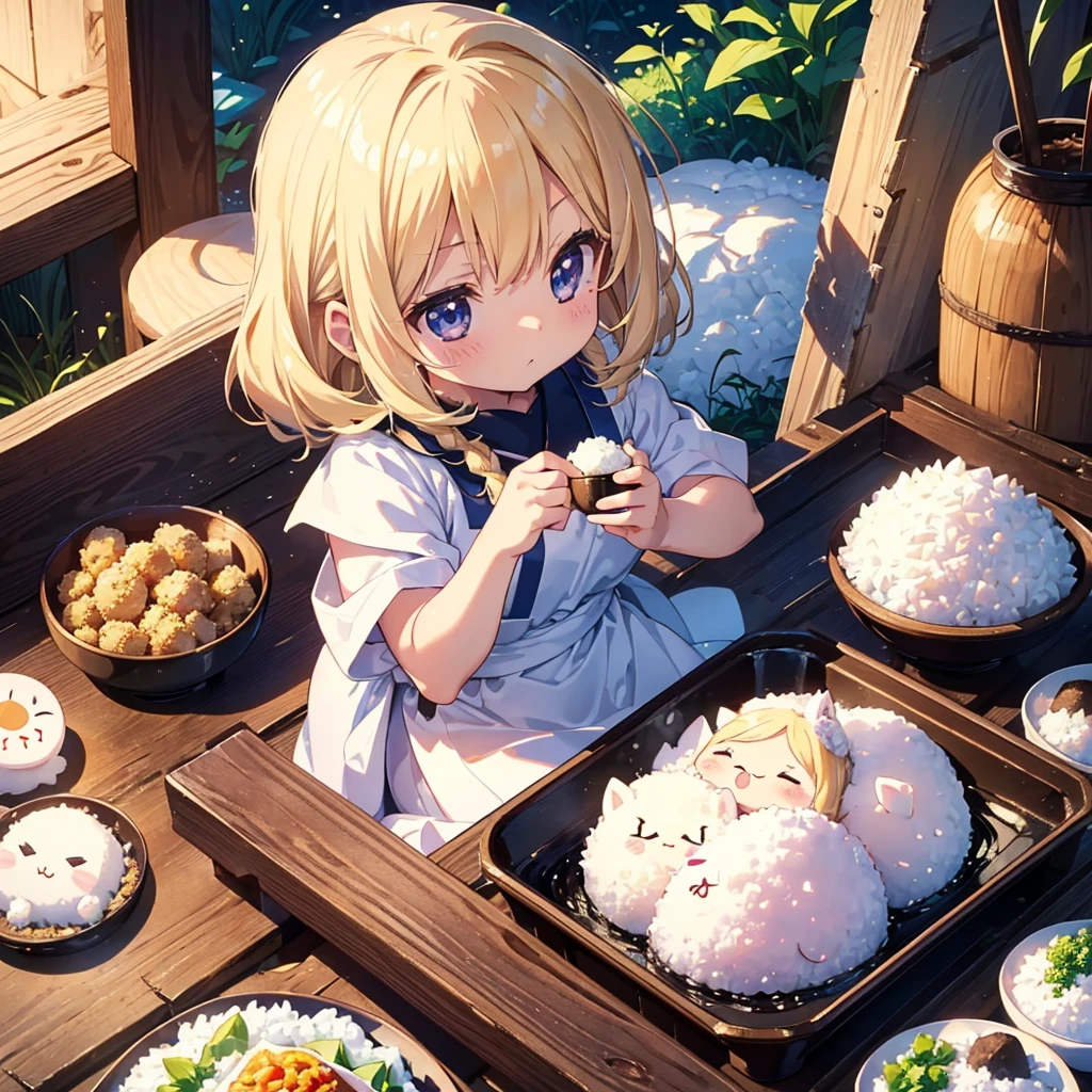 High-definition background, bright and beautiful atmosphere, 3 girls (2 , (1 short-tempered round face), (1 child)) ( surface effects, color effects), small breasts, blonde hair, very cute kitchen, cooking Onigiri piled up like a mountain in the field, a girl in a kappo uniform holding the rice ball in her hand, grains of rice on her cheeks, many mini pigs eating onigiri, mini pigs sitting on the shoulder of the girl, deltamon_sdXL: 0.73 ) >Deltamon Negative Prompt