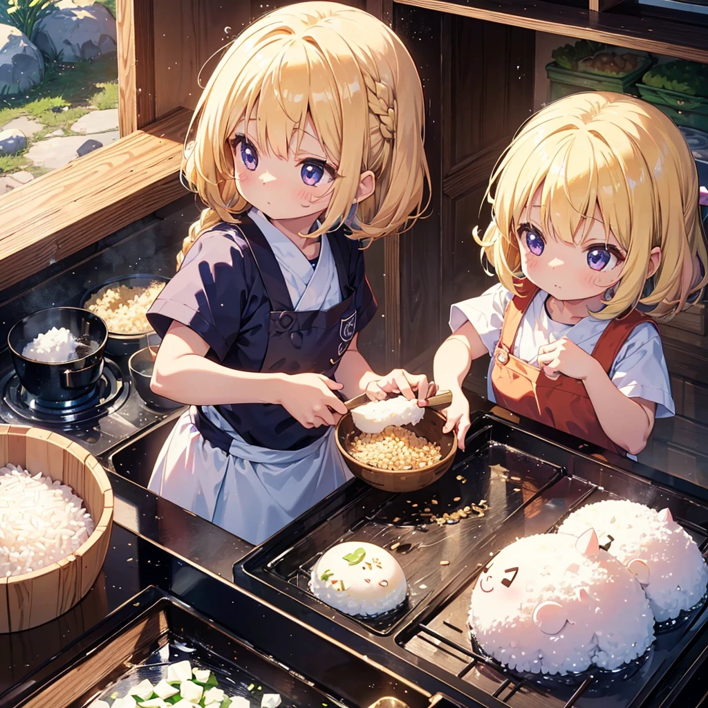 High-definition background, bright and beautiful atmosphere, 3 girls (2 years old, (1 short-tempered round face), (1 child)) (hair, surface effects, color effects), small breasts, blonde hair, very cute kitchen, cooking Onigiri piled up like a mountain in the field, a girl in a kappo uniform holding the rice ball in her hand, grains of rice on her cheeks, many mini pigs eating onigiri, mini pigs sitting on the shoulder of the girl, deltamon_sdXL: 0.73 ) >Deltamon Negative Prompt