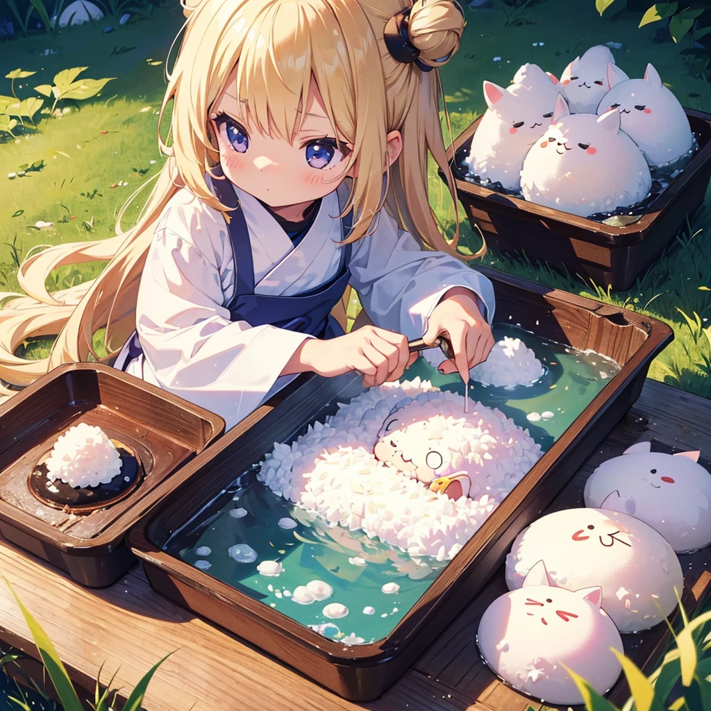 High-definition background, bright and beautiful atmosphere, 3 girls (2 years old, (1 short-tempered round face), (1 child)) (hair, surface effects, color effects), small breasts, blonde hair, very cute kitchen, cooking Onigiri piled up like a mountain in the field, a girl in a kappo uniform holding the rice ball in her hand, grains of rice on her cheeks, many mini pigs eating onigiri, mini pigs sitting on the shoulder of the girl, deltamon_sdXL: 0.73 ) >Deltamon Negative Prompt