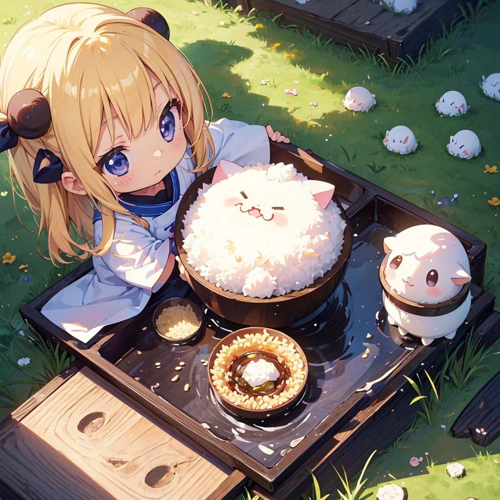 High-definition background, bright and beautiful atmosphere, 3 girls (2 years old, (1 short-tempered round face), (1 child)) (hair, surface effects, color effects), small , blonde hair, very cute kitchen, cooking Onigiri piled up like a mountain in the field, a girl in a kappo uniform holding the rice ball in her hand, grains of rice on her cheeks, many mini pigs eating onigiri, mini pigs sitting on the shoulder of the girl, deltamon_sdXL: 0.73 ) >Deltamon Negative Prompt