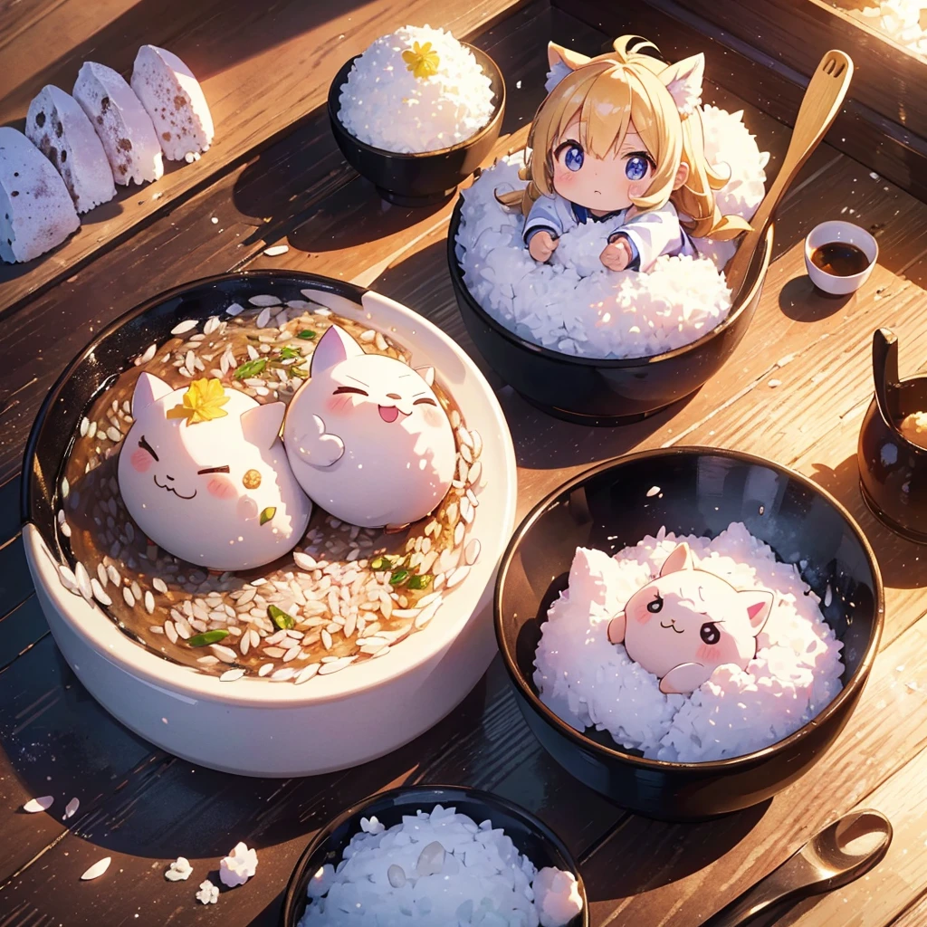 High-definition background, bright and beautiful atmosphere, 3 girls (2 years old, (1 short-tempered round face), (1 child)) (hair, surface effects, color effects), small breasts, blonde hair, very cute kitchen, cooking Onigiri piled up like a mountain in the field, a girl in a kappo uniform holding the rice ball in her hand, grains of rice on her cheeks, many mini pigs eating onigiri, mini pigs sitting on the shoulder of the girl, deltamon_sdXL: 0.73 ) >Deltamon Negative Prompt