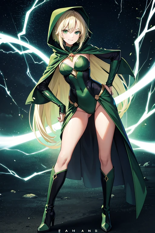 Anime Art、Full body portrait、The Dark Green Magician of Space SF、A woman of about 25 years old, around 185cm tall, wearing a dark green hooded robe that reveals her chest, emitting lightning.、Condescending smile、Hair is semi-long、Platinum Blonde Hair、Thigh-high boots、Golden Bangles、Green Eyes、surrounded by lightning、He wears a dark green hood on his head.