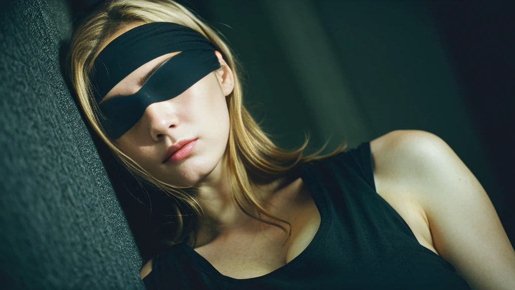 une jolie fille blonde de 18 ans avec une queue de cheval est menottée dans une cave sombre. Elle a un crop top noir et un jean large bleu. Elle a un baillon et les yeux bandés