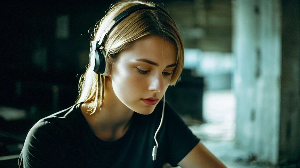 Beautiful blonde with big breasts in a black T-shirt (In a dark abandoned building, he is sitting with tears streaming down his face, his eyes covered with a black cloth.),Wearing headphones,Very detailed, 21 years old, Innocent face, Naturally Wavy Hair, blue eyes, High resolution, masterpiece, Highest quality, Intricate details, Very detailed, Clear focus, Delicate skin, practical skin texture, texture, Delicate eyes, Professional, 4K, Sad crying face, Shot with Canon, 85mm, Shallow and deep, Kodak Vision Color, Exactly, Very detailed, photograph_\(Extremist\), photographpractical, practical, Post-processing, Maximum details, Roughness, Real Life, Extremist practical, Photorealism, photographgraphy, 8K Ultra HD, photographgraphy