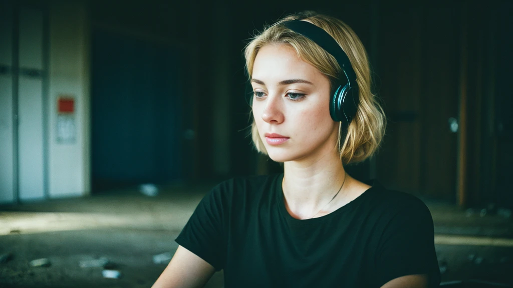 Beautiful blonde with big breasts in a black T-shirt (Sitting blindfolded with a black cloth in a dark abandoned building),Wearing headphones,Very detailed, 21 years old, Innocent face, Naturally Wavy Hair, blue eyes, High resolution, masterpiece, Highest quality, Intricate details, Very detailed, Clear focus, Delicate skin, practical skin texture, texture, Delicate eyes, Professional, 4K, Sad crying face, Shot with Canon, 85mm, Shallow and deep, Kodak Vision Color, Exactly, Very detailed, photograph_\(Extremist\), photographpractical, practical, Post-processing, Maximum details, Roughness, Real Life, Extremist practical, Photorealism, photographgraphy, 8K Ultra HD, photographgraphy