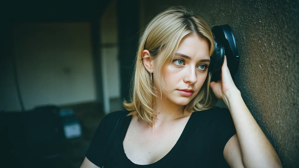 Beautiful blonde with big breasts in a black T-shirt (Sitting blindfolded with a black cloth in a dark abandoned building),Wearing headphones,Very detailed, 21 years old, Innocent face, Naturally Wavy Hair, blue eyes, High resolution, masterpiece, Highest quality, Intricate details, Very detailed, Clear focus, Delicate skin, practical skin texture, texture, Delicate eyes, Professional, 4K, Sad crying face, Shot with Canon, 85mm, Shallow and deep,  Kodak Vision Color, Exactly, Very detailed, photograph_\(Extremist\), photographpractical, practical, Post-processing, Maximum details, Roughness, Real Life, Extremist practical, Photorealism, photographgraphy, 8K Ultra HD, photographgraphy