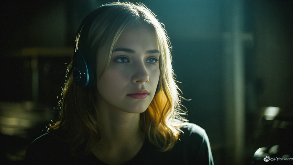 Beautiful blonde with big breasts in a black T-shirt (In a dark abandoned building, he is sitting with tears streaming down his face, his eyes covered with a black cloth.),Wearing headphones,Very detailed, 21 years old, Innocent face, Naturally Wavy Hair, blue eyes, High resolution, masterpiece, Highest quality, Intricate details, Very detailed, Clear focus, Delicate skin, practical skin texture, texture, Delicate eyes, Professional, 4K, Sad crying face, Shot with Canon, 85mm, Shallow and deep, Kodak Vision Color, Exactly, Very detailed, photograph_\(Extremist\), photographpractical, practical, Post-processing, Maximum details, Roughness, Real Life, Extremist practical, Photorealism, photographgraphy, 8K Ultra HD, photographgraphy