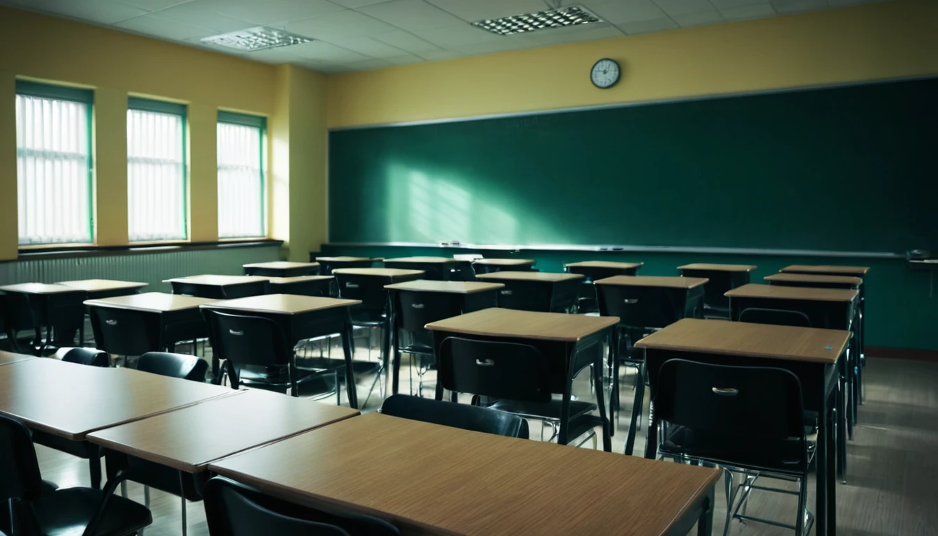 college classroom, first person view, mysterious atmosphere