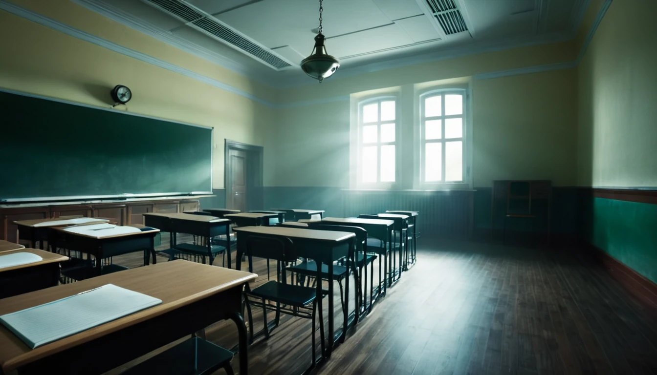college classroom, first person view, mysterious atmosphere
