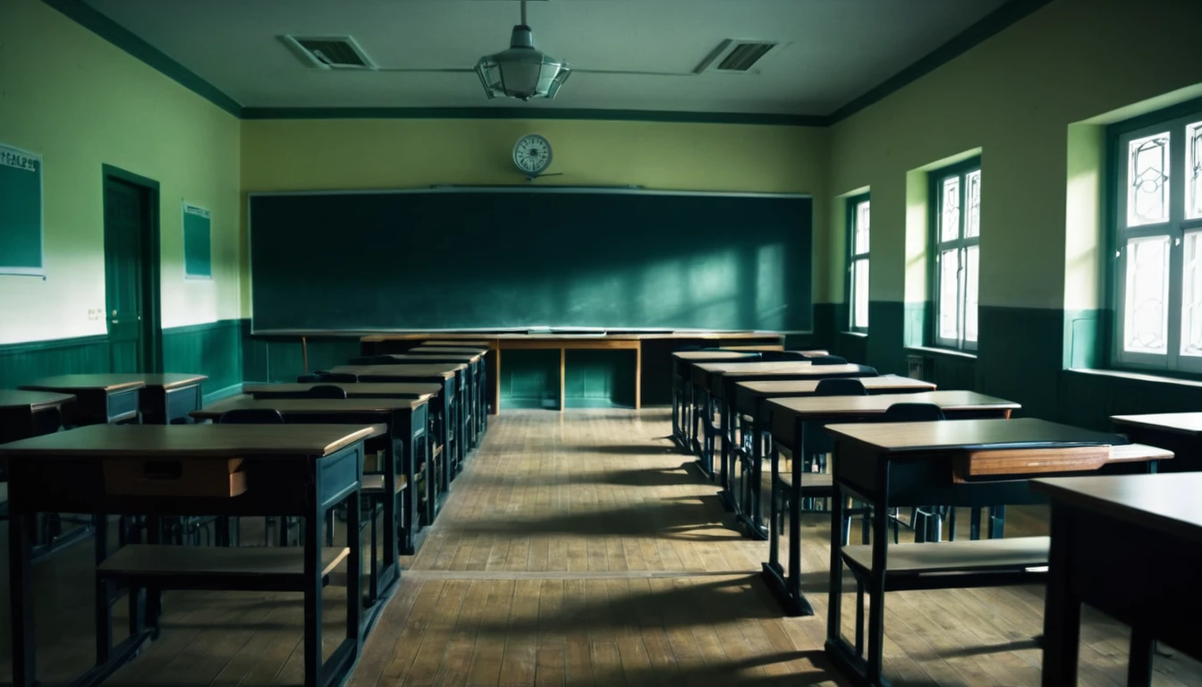 college classroom, first person view, mysterious atmosphere