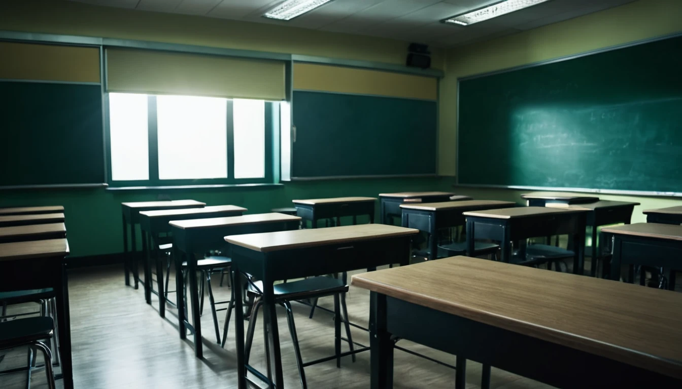 college classroom, first person view, mysterious atmosphere