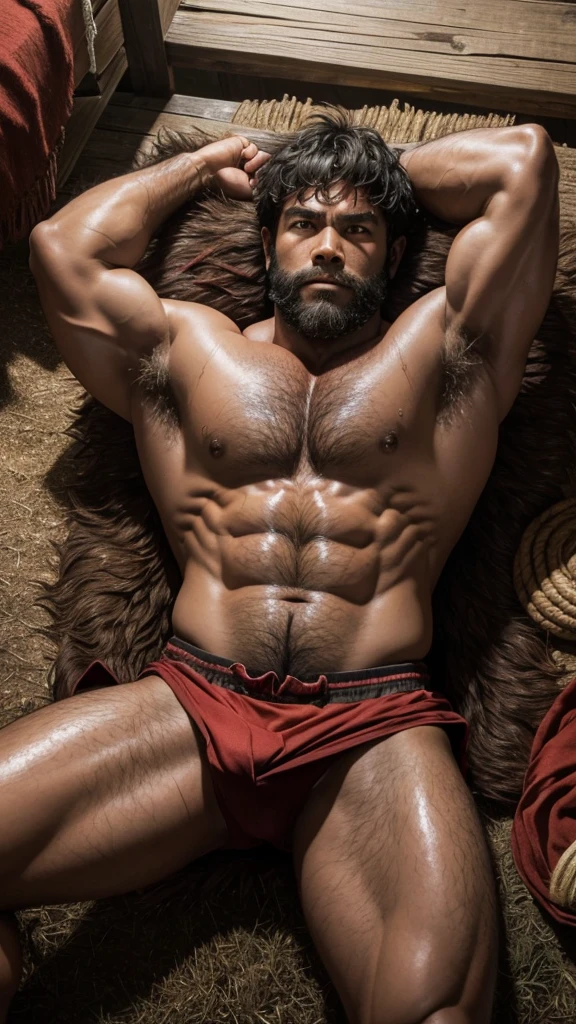 10-year-old rural werewolf boy，Red skin，Topless，barefoot，The muscles are plump and shiny，Huge pectoral muscles，sweat，Armpit Hair，Leg hair，chest hair，Lying down