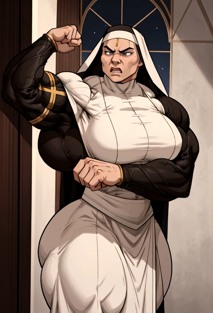 huge muscle nun womn flex her big biceps so angry